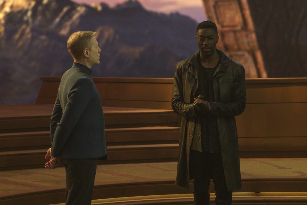 Pictured: Anthony Rapp as Stamets and David Ajala as Book
