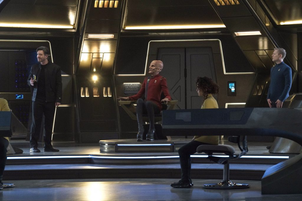 Pictured: Shawn Doyle as Ruon Tarka, Doug Jones as Saru and Anthony Rapp as Stamets