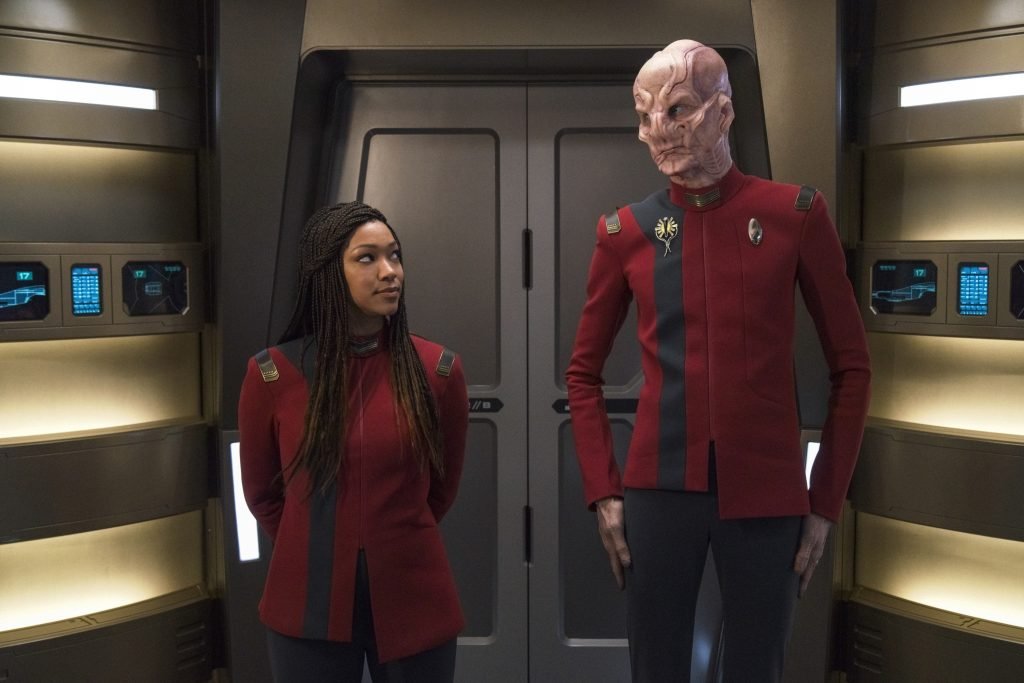 Pictured: Sonequa Martin Green as Burnham and Doug Jones as Saru