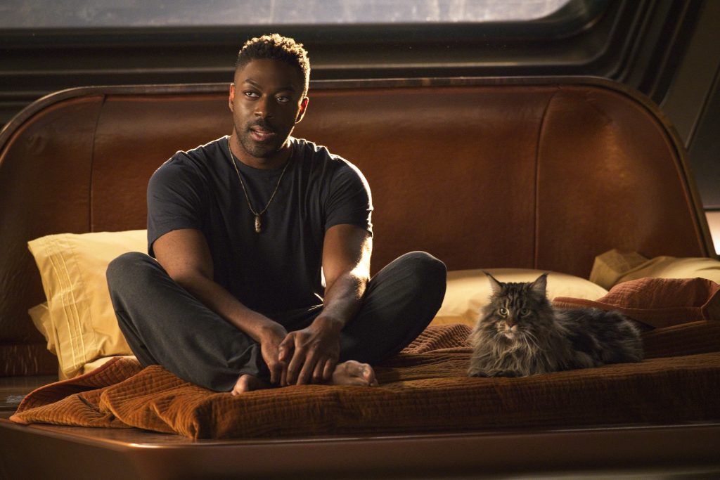 Pictured: David Ajala as Book and Grudge the cat