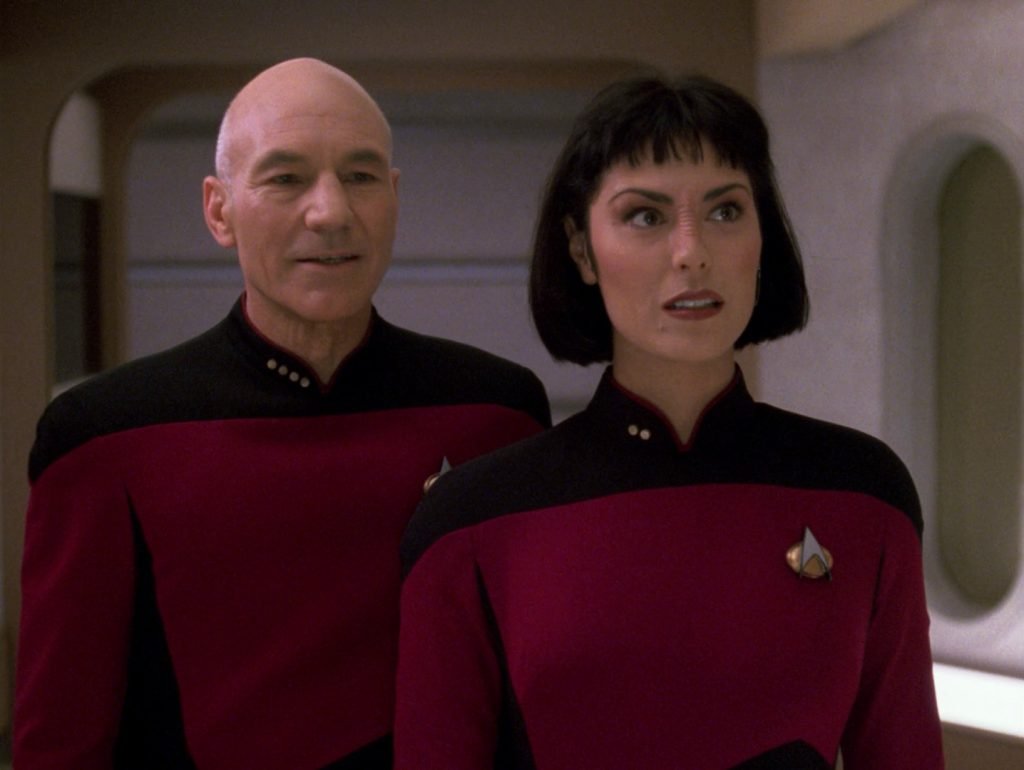 Pictured is Sir Patrick Stewart as Captain Jean-Luc Picard, alongside Michelle Forbes as Lieutenant Ro Laren in Star Trek: The Next Generation (Image Credited to Paramount+)